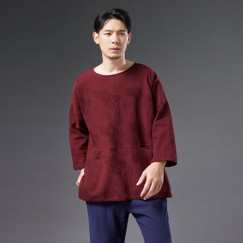 シャツ メンズ 秋 春 カジュアル 長袖 中華風 レトロ ジャカード ラウンドネック T 大きいサイズ 綿 リネン トップス