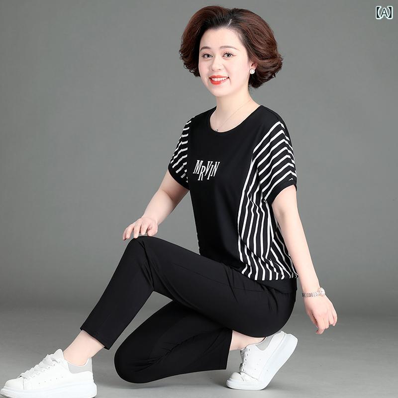 お母さん スポーツウェア セットアップ 夏 半袖 Tシャツ カジュアル レディース 上下 2点セット ロングパンツ モダン 柄 ストライプ 通気性 吸湿発散性 レディース 大きめサイズ