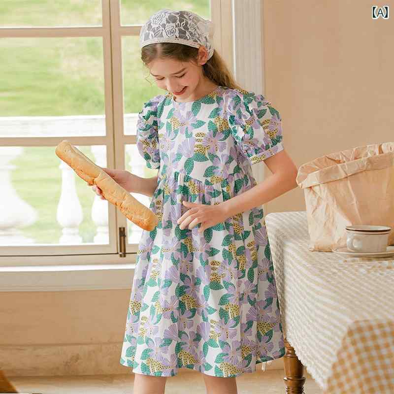 ドレス スカート キッズ ワンピース おしゃれ かわいい 女の子 子供服 ラウンドネック 裾 夏 フレンチ 花柄 コットン 子供 a ライン