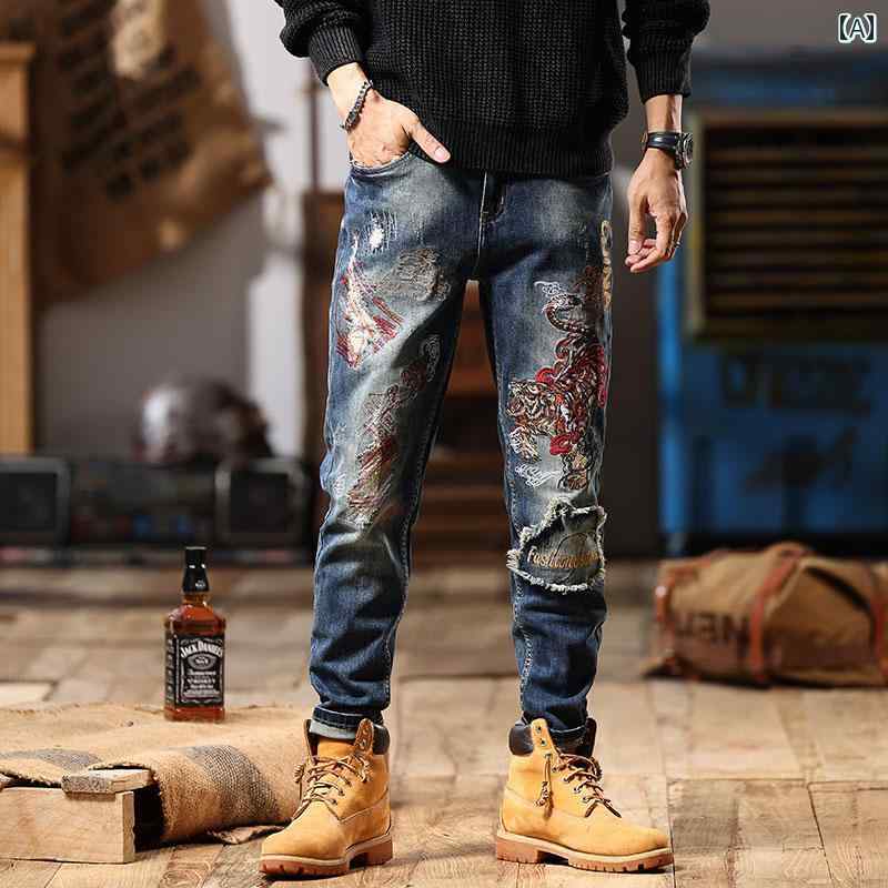 デニム 豪華感 タイガー 刺繍 ジーンズ メンズ ストレッチ ファッション メンズ レトロ カジュアル ロング パンツ 個性
