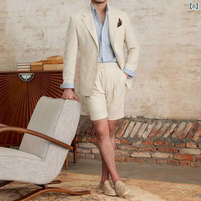 ショート パンツ スーツ メンズ フラット襟 シングルブレスト 春夏 ダブルスリット 薄手 半裏地ジャケット ショートパンツ カジュアル メンズ 上下セット かっこいい
