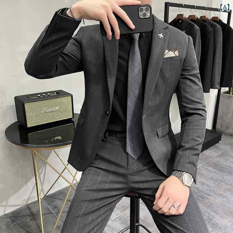 メンズ 新郎 結婚式 スーツ 韓国 ストライプ スリム フォーマルスーツ ベスト マン ツーピース サマー｜セキュアデポ