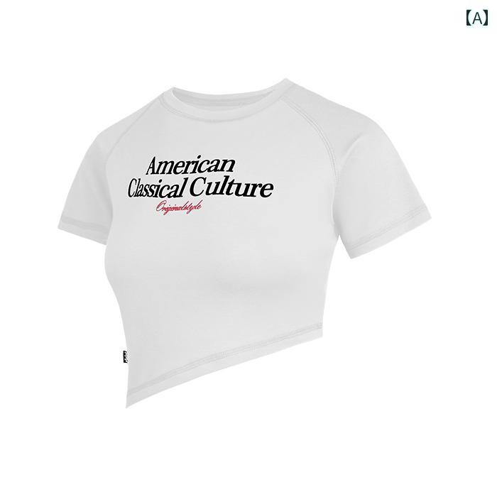 レディース 半袖 ショート トップス ベーシックTシャツ 斜め 通気性 薄手 着痩せ アメリカン カジュアル ストリート おしゃれ かわいい レイヤード 快適 スポーティ アウトドア トレーニング