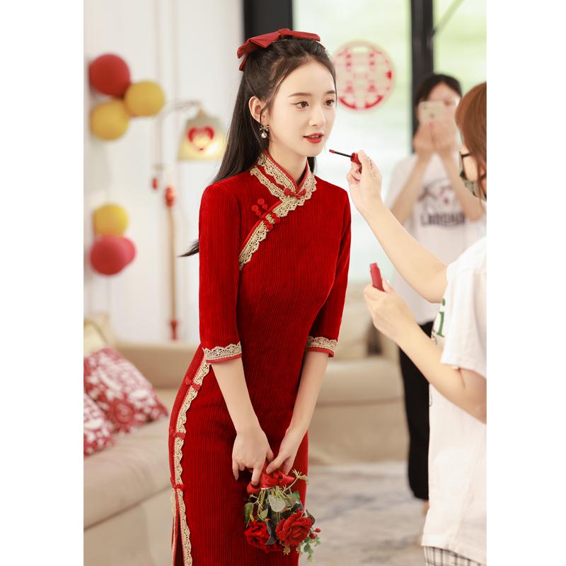 ドレス 冬 チャイナ 古風 民族 衣装 美しい チャイナ 着用 花嫁 ハイエンド 中国 婚約 ジャンプ スーツ