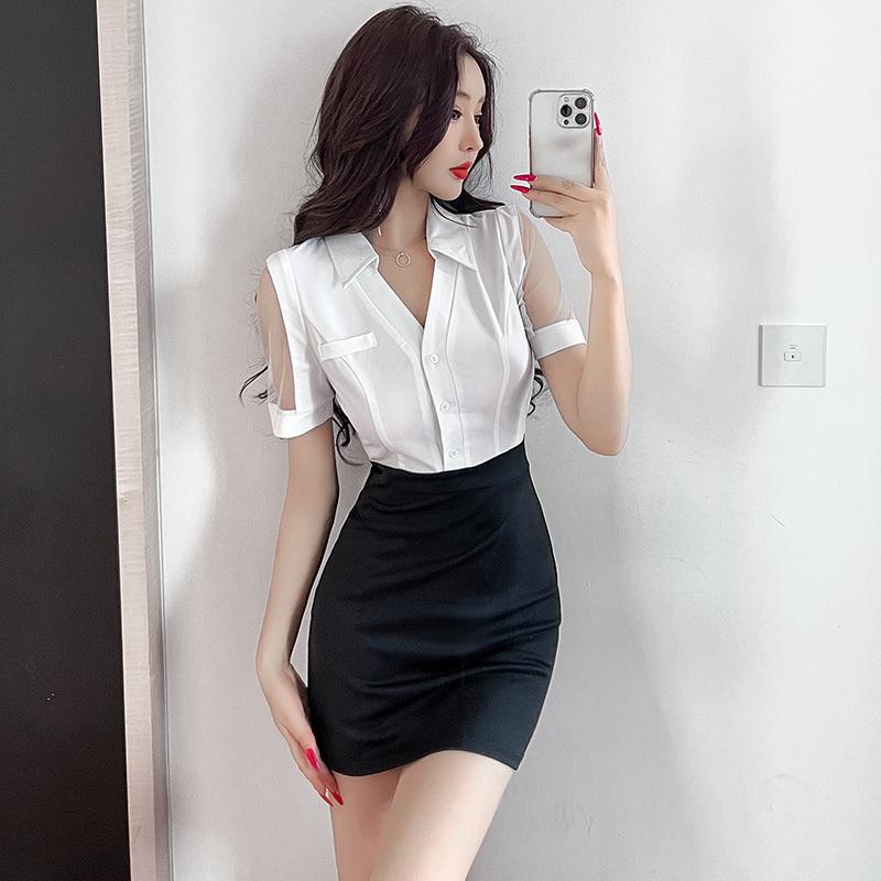 美容系 サロン 制服 接客 ユニフォーム レディース シースルー 透け感袖 シンプル おしゃれ バイカラー ワンピース キレイ目 大人 コーデ 大きめ サイズ