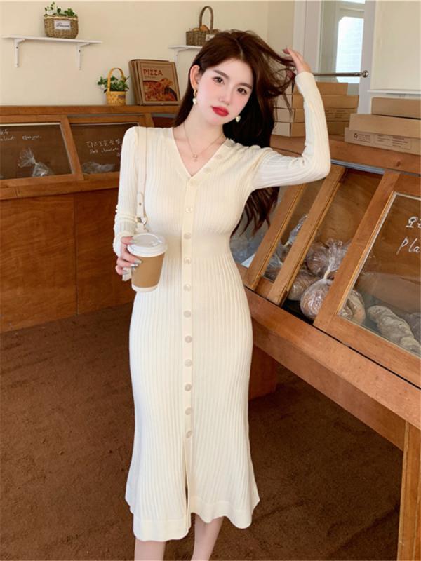ワンピース 秋冬 レトロ Vネック セーター ドレス スリム ボトム ニット レディース 長袖 ヒップ スカート レディース ファッション