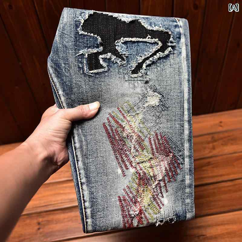 デニムパンツ おしゃれ メンズ ジーンズ スリム フィット パンツ 破れ パッチ スクラッチ 刺繍 ストレッチ デニム ヴィンテージ風 オールシーズン 穴あき キズ ウォッシュ加工