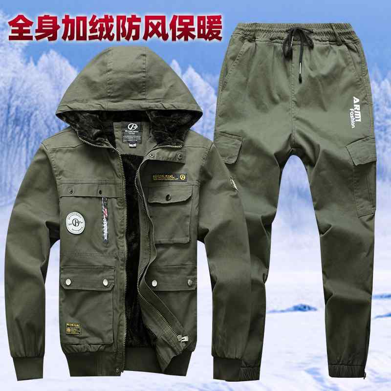 作業服 ジャケット ジャンパー フード セット ズボン ロング パーカー ウエア 作業着 メンズ 厚手 起毛 耐摩耗 労働 DIY 保護 防寒 メンズ