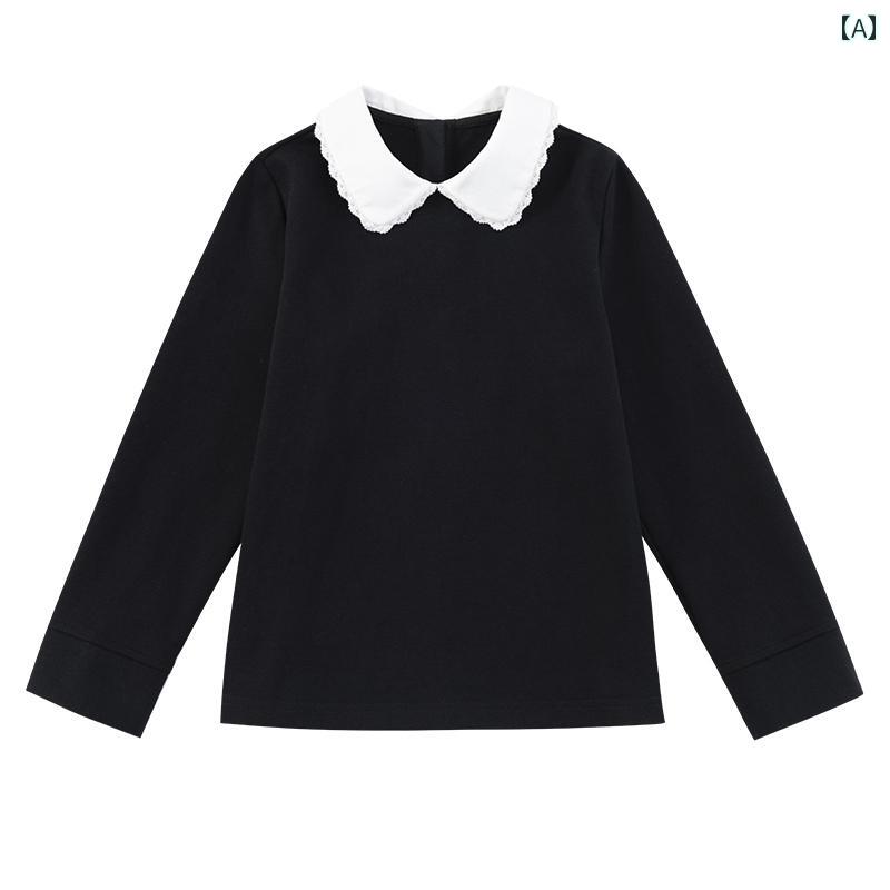 トップス シャツ 子供服 おしゃれ ナチュラル 普段着 キッズ 冬 女の子 フレンチレース 人形 襟 長袖 Tシャツ 甘くて
