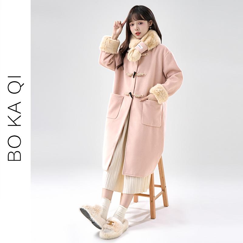 コート レディース ファッション 冬 毛皮 袖 スカーフ ホーンボタン ウール 女性 ガーリー カレッジ 厚手 ミドル丈 ウール