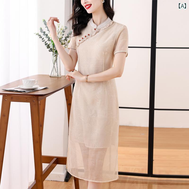 レディース 夏 ワンピース きれいめ 上品 マザーズ 婦人服 中華風 フリル 半袖 チャイナ ドレス 女性用 穏か 高級感 ロング スカート