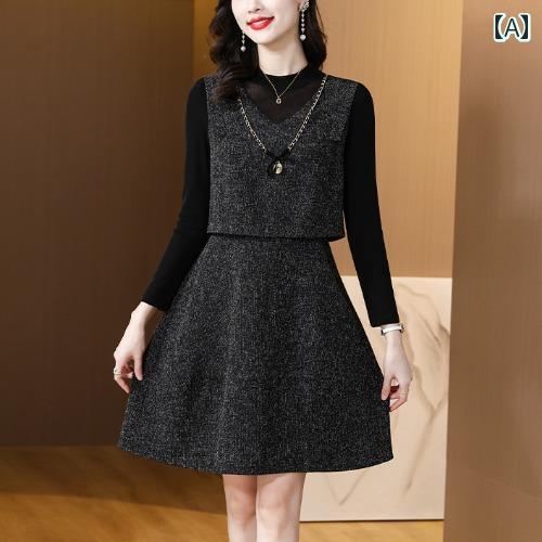 レディース ネックレス ファッション 上品 婦人服 秋冬 小さい 背が 高く スリム カバー ベリー エレガント フェイク ツーピース ドレス 女性