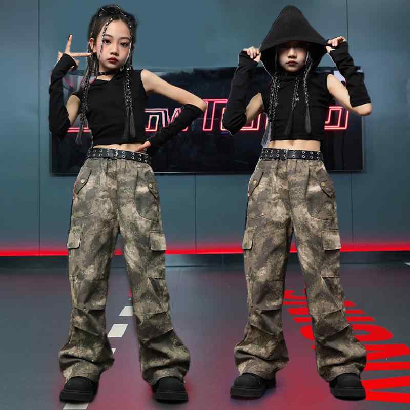 子供服 女の子 Tシャツ タンクトップ フード へそ出し 迷彩パンツ コスチューム バンド ダンス ヒップホップ ストリート系 パフォーマンス 衣装 セットアップ クール かっこいい キッズ