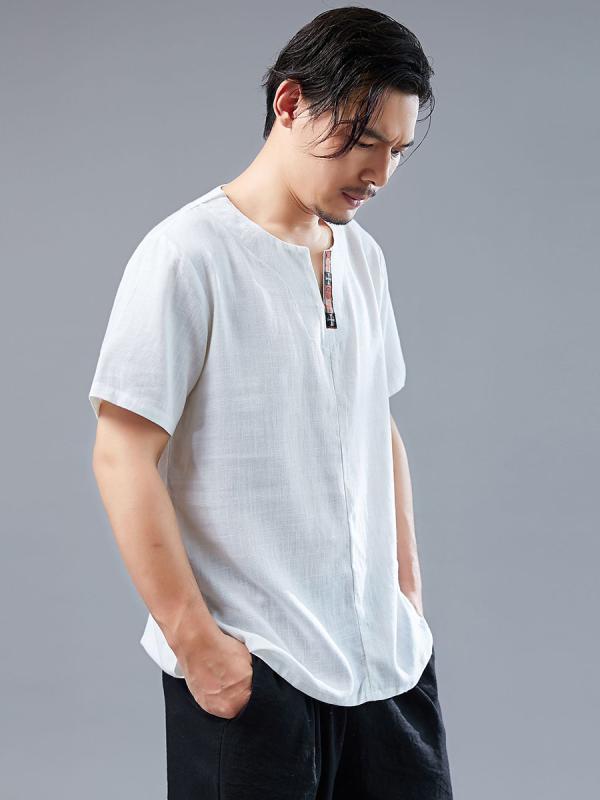チャイナ風 夏 半袖 メンズ リネン Tシャツ チャイナ風 カジュアル レトロ メンズ 綿 リネン 無地 トップス 薄手 Tシャツ