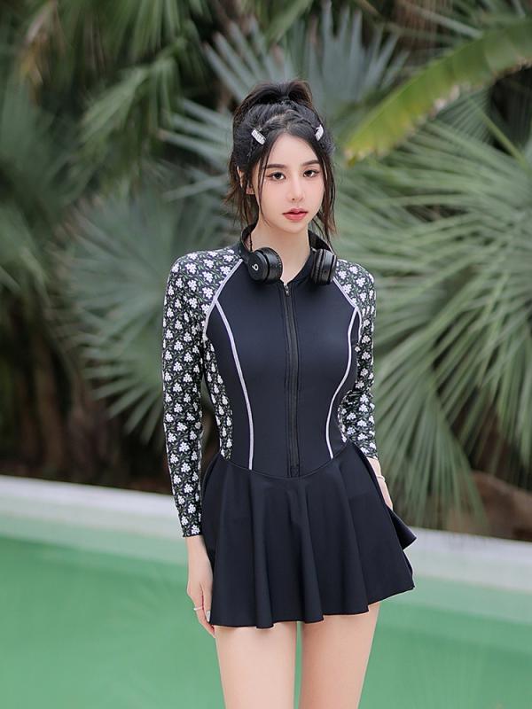 水着 レディース スイムウェア プール 温泉 夏 夏 ナイロン フリル ブラック 黒 カジュアル 長袖 スカート ワンピース