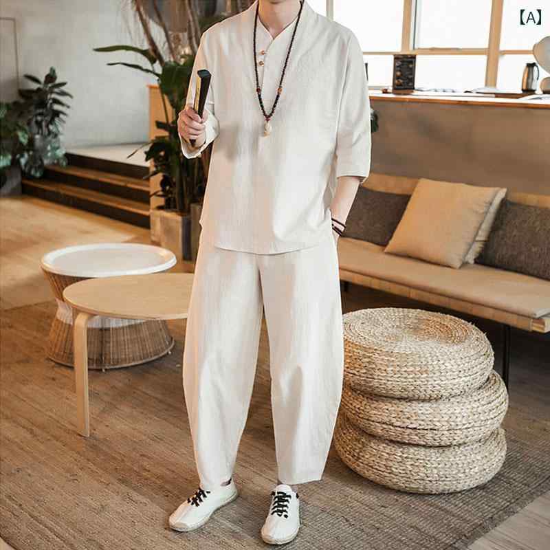 メンズ 夏 修行服 カンフー 太極拳 唐 スーツ 薄手 中華風 リネン レトロ 大きいサイズ 瞑想 綿 漢服