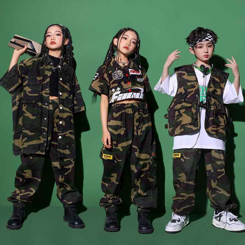 子供服 女の子 男の子 迷彩スーツ Tシャツ ベスト 迷彩パンツ コスチューム バンド ダンス ヒップホップ ストリート系 パフォーマンス 衣装 クール かっこいい キッズ