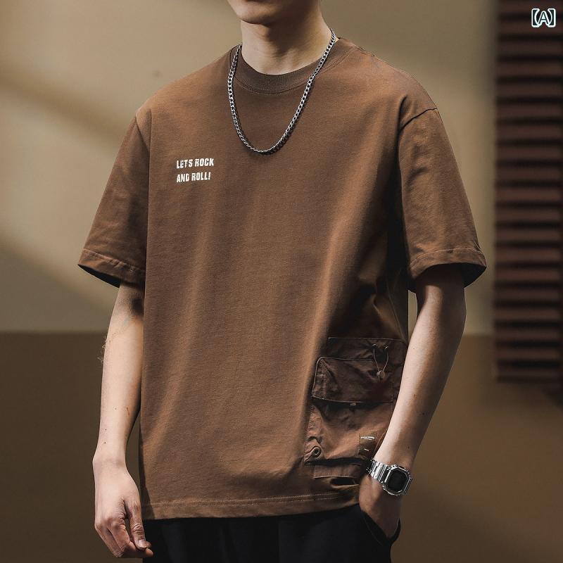 Tシャツ おしゃれ メンズ 半袖 夏 ストリート アメリカン カジュアル 紳士服 メンズ ゆったり トップス レトロ ラウンドネック ポケット