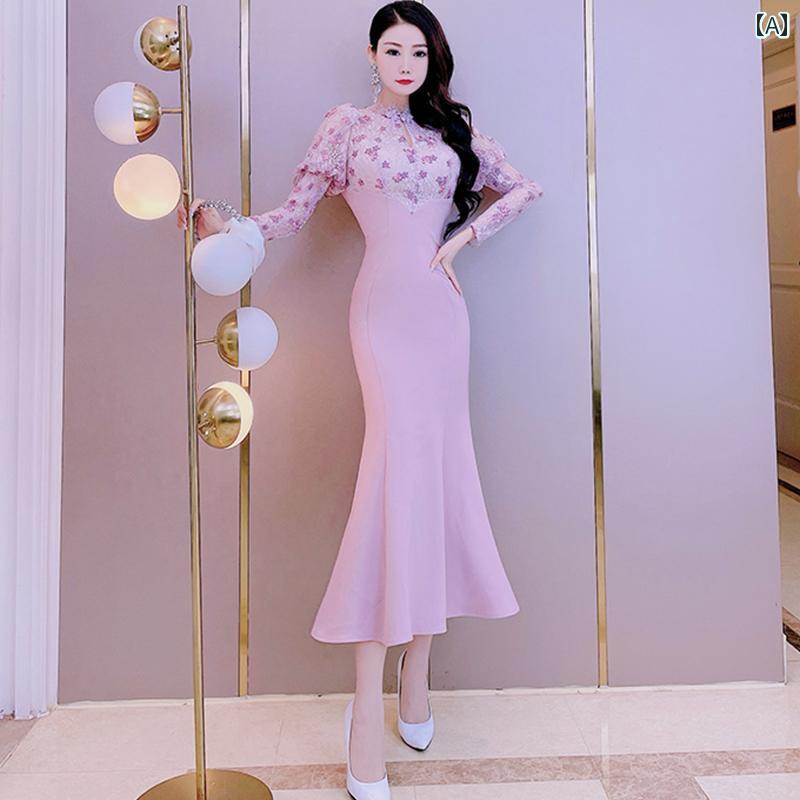 レディース ワンピース おしゃれ 優しい ドレス 春 女性 中華 ステッチ フィッシュ テール ヒップ 婚約 スカート