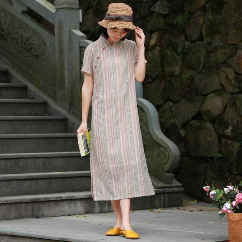 ワンピース エスニック ナチュラル リラックスフィット レディース 婦人服 ドレス 半袖 中華風 チャイナ風 レトロ ストライプ
