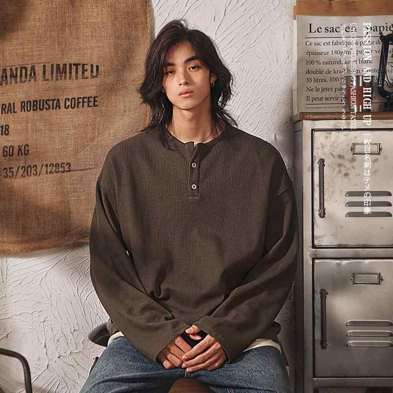 メンズ ファッション レトロ 無地 長袖 Tシャツ 秋 スプライシング フェイク ツーピース スウェットシャツ ボーイズ 秋冬服