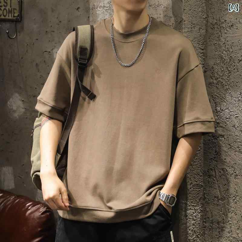 トップス シャツ Tシャツ メンズ 夏用 アメリカン ストリート カジュアル ゆったり ヘビーウェイト 半袖 プリント カフス スリーブ ラウンドネック ソリッドカラー 半袖
