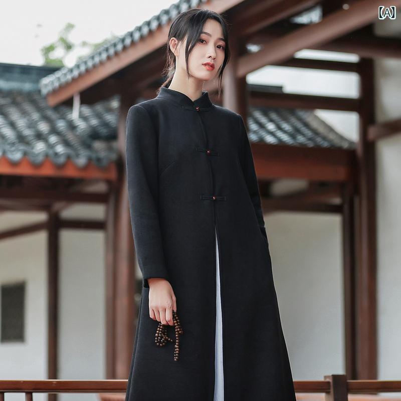 レディース アウター 黒 チャイナ風 ジャケット 仏教 瞑想服 唐装 秋冬 コート 丈 瞑想 ロング｜セキュアデポ