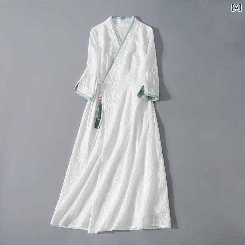 レディース 夏 ワンピース レトロ 中華風 リラックス ウェア 綿麻 婦人服 漢服 白い ロング スカート 瞑想 茶師服 舞 衣 ローブ 春｜セキュアデポ