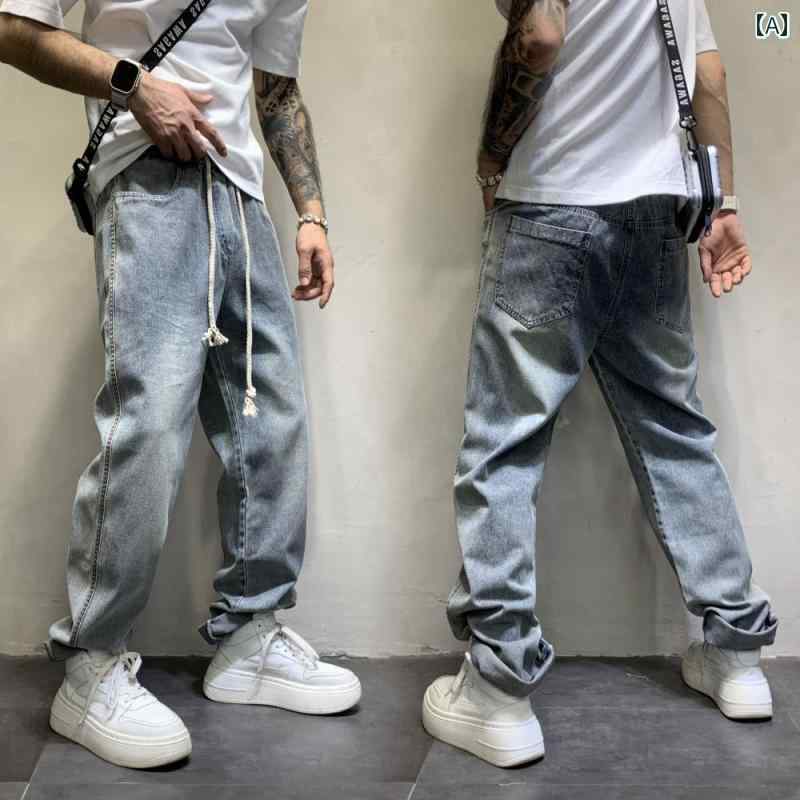 デニム 春 メンズ ストレート ジーンズ ブルー ワイドレッグ パンツ ストレッチ レトロ シンプル カジュアル