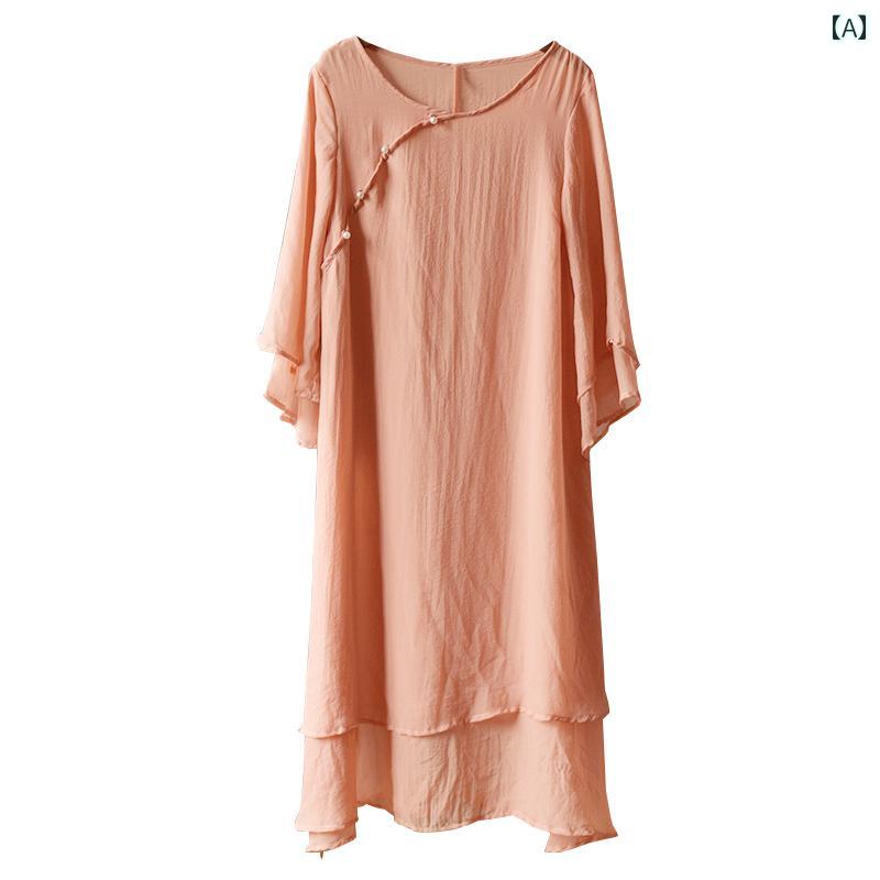 レディース 夏 ファッション 中華風 瞑想 服 女性 漢服 レトロ 文学 ドレス ツーピース スカート