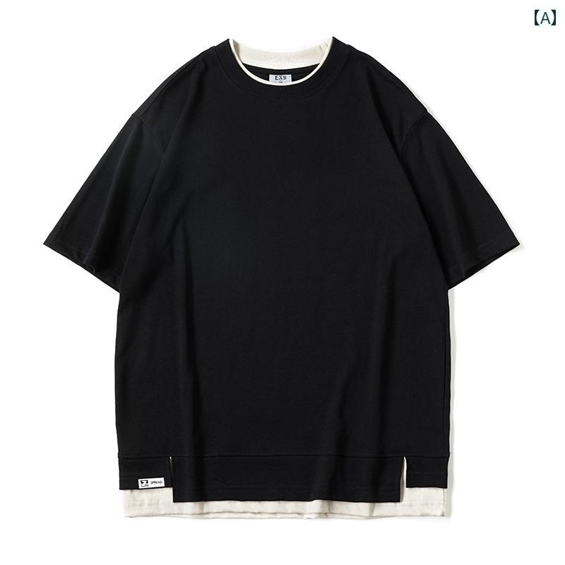 ｔシャツ ストリート Tシャツ メンズ 夏 フェイク 綿 半袖 黒 カジュアル ラウンドネック レジャー ゆったり