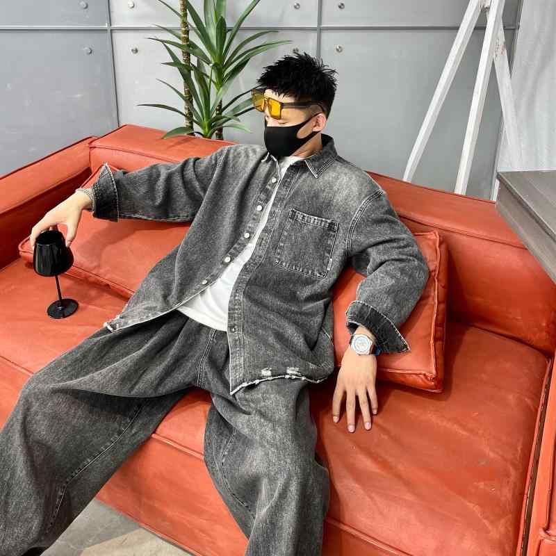 仕掛ける 引き上げる 心地好い メンズ ウォッシュデニム 上衣 心地好い ユーズド製作 レトロ 2点 仕掛ける 秋 長袖