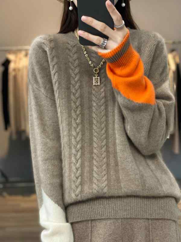 トップス レディース セーター カジュアル 丈夫 厚手 袖口 カラー ブロック ケーブル 編み セーター 女性用 春用 ゆったり ラウンドネック ウール セーター|セキュアデポ