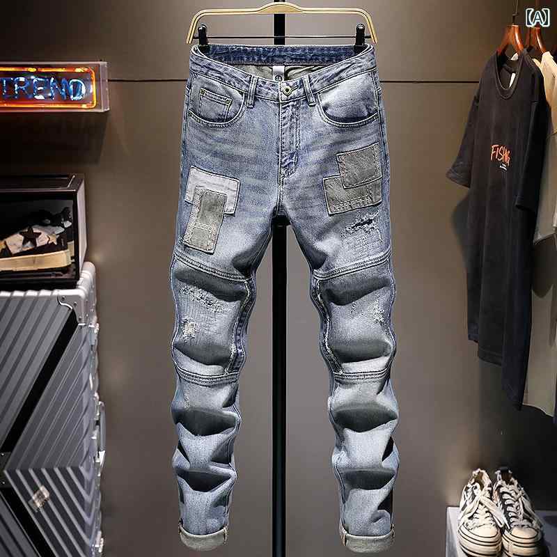 ダメージ加工 ステッチ メンズ リップド ジーンズ レトロ ライトブルー スリム フィット パンツ パッチ ミディアムローウエスト