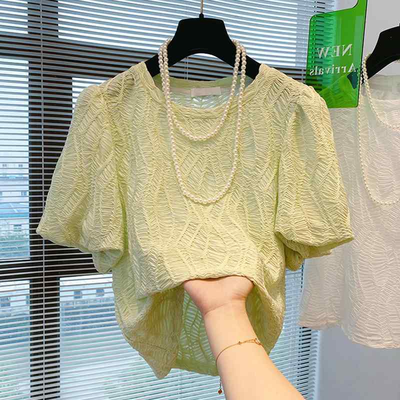 レディース 半袖 Tシャツ ブラウス 夏 ファッション 丈 ラウンドネック シャツ トップス ステッチ ゆったり パフスリーブ エレガント おしゃれ|セキュアデポ