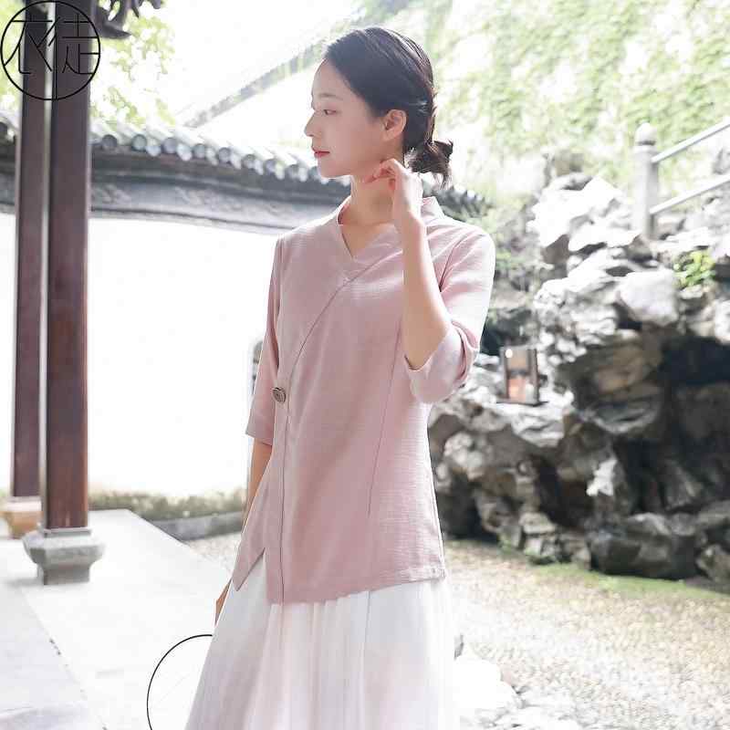 レディース チャイナ風 セットアップ 爽やか ピンク 唐 セット 中国 トップス 漢服 茶師服 茶 芸師服 夏 綿 リネン ワイドレッグパンツ ボタン 無地 シンプル