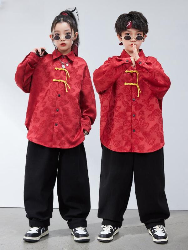 子供服 ダンス キッズ 衣装 ヒップホップ ジャズダンス セットアップ 秋冬 女の子 ボーイズ チャイナ風 ストリート パフォーマンス ステージ ワイドフィット 赤黒