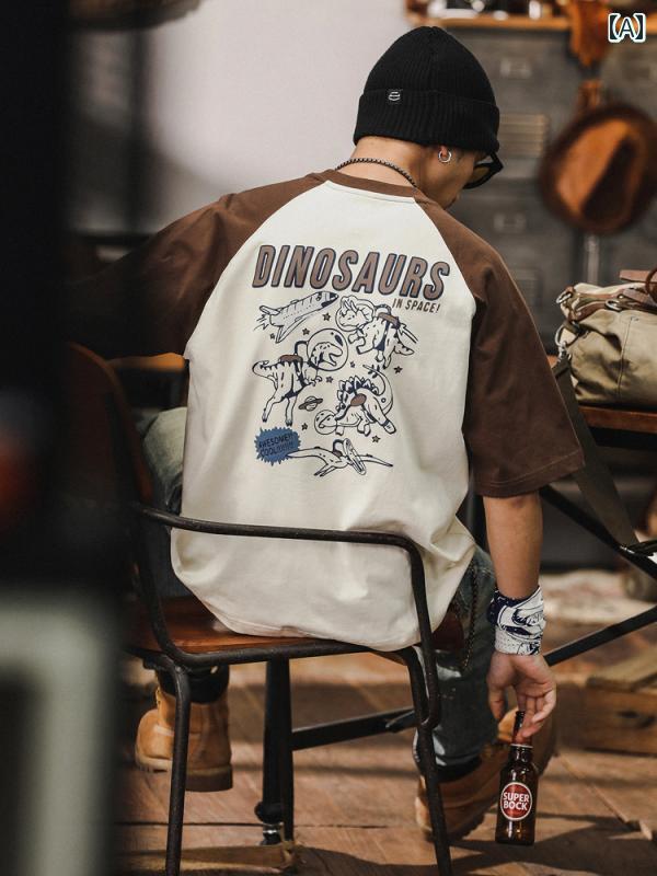メンズ 半袖 Tシャツ トップス 夏 アメリカン ２使い ツートンカラー 恐竜イラスト ダイナソー 宇宙 スペース テキスト英文字 バックプリント フロントワンポイント テキスト英字 通気性 綿 コットン カジュアル レジャー
