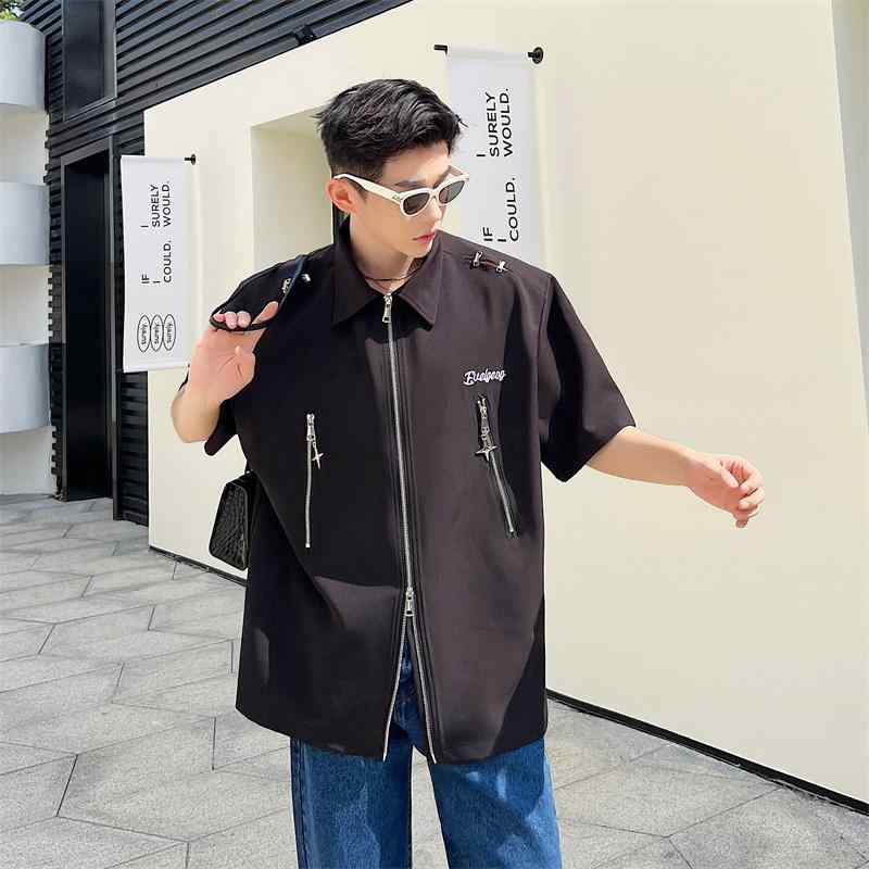 シャツ メンズ 夏 カジュアル トップス おしゃれ ジッパー ワーク 半袖 アメ カジ ストリート