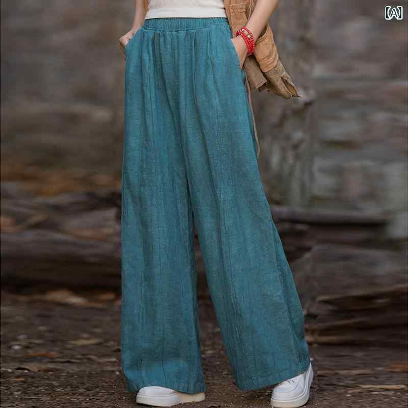 レディース ボトムス 春夏 綿織物 リネン 成人女性服 美術 レトロ  絞り染め サンドウォッシュ レディース 心地好い ズボン 好いたらしい ワイドレッグ ズボン下 ロング 酉の方角天然ゴム