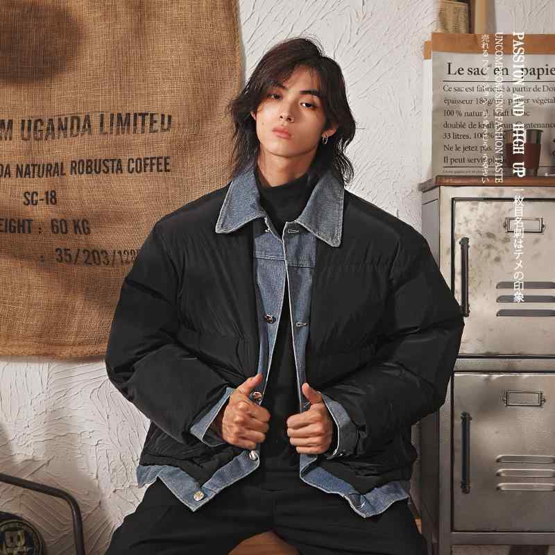 コート デニムジャケット メンズ レトロ フェイク ツーピース コットンコート 男性用 冬 厚手 男の子用 スプライシング コットン コットンジャケット｜セキュアデポ