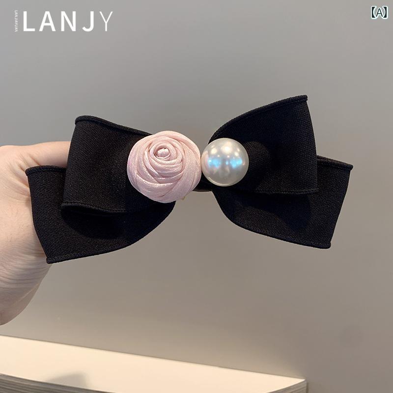 立体 ローズ フェミニン リボン 髪留め ヘア 韓国 ピン エレガント クリップ シンプル レディース アクセサリー ブラック パール 上品 フラワー ギフト