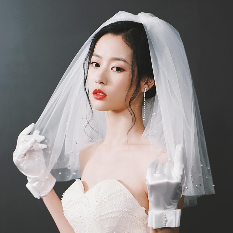 ウェディングベール ブライダル 結婚式 エレガント ホワイト ショート フェアリー レトロ 写真撮影 SNS映え 綺麗 小道具 パール ヘッド ドレス