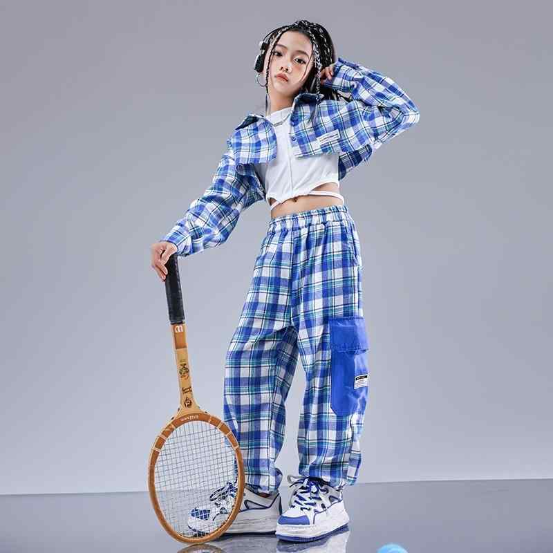 キッズ 子供 ダンス 衣装 セット 長袖 チェック ブルー ヒップホップ ストリート ステージ パフォーマンス ファッション イベント フェス レジャー 普段使い使い 韓国 おしゃれ かわいい
