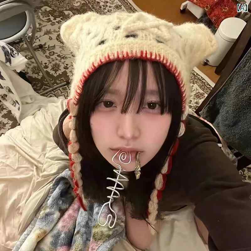 ニット帽 韓国 SNS 映え 猫耳 猫 手編み ウール レディース 秋冬 カジュアル 無地 ミレニアム ハット Y2K ニット 帽子 耳保護 温かい 手書き 星 防寒 かわいい 個性 ユニーク