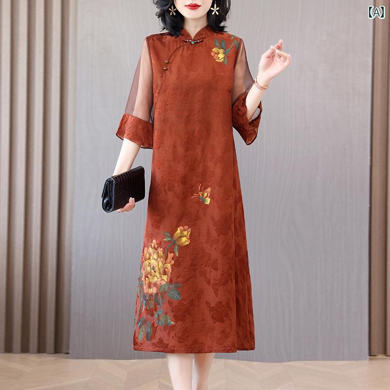 レディース 夏 ワンピース きれいめ 上品 マザーズ ミセス 婦人服 チャイナ ドレス ハイエンド 若々しい 淑女 結婚式 パーティー ママ 赤い