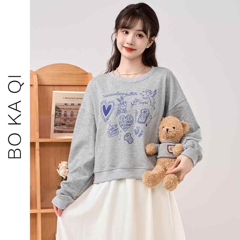 トップス レディース ファッション 春秋 グレー ハート 刺繍 ラウンドネック セーター 女性 ガーリー カレッジ ショート プルオーバー