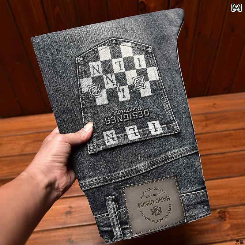 ジーンズ メンズ 韓国 スリム ストレート ストレッチ ブルー プリント 刺繍 豪華感 ファッション パンツ シンプル カジュアル