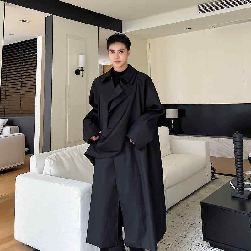 上衣 秋冬 ロング メンズ 上衣 上衣 まっ黒い 心地好い ロング厚地の外套 レトロ 非相称 その他-メンズファッション