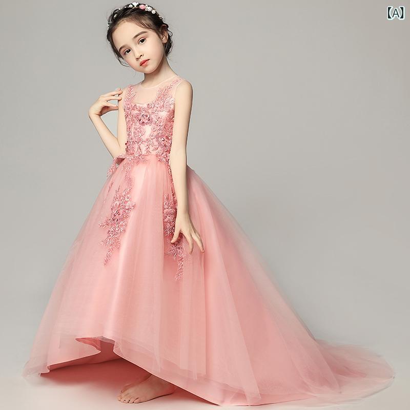 バースデー ドレス 女の子 キッズ イブニングドレス プリンセス ドレス チュチュ ウェディングドレス ホスト ガール フラワーガール ロングテールドレス ピアノ 演奏 かわいい